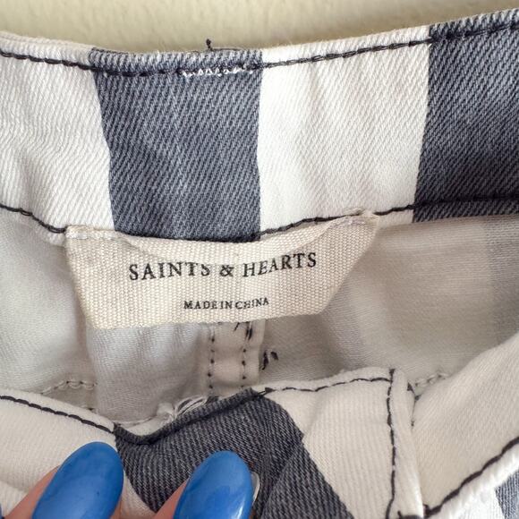 Saints & Hearts Blue + White Stripe Bell Bottom Flare Frayed Hem Jeans - Large - Picture 6 of 10